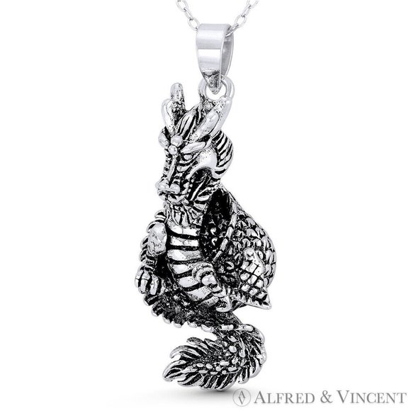Chinese Dragon Shenlong Feng Shui Charm Pendant in Oxidized .925 Sterling Silver - Picture 1 of 1